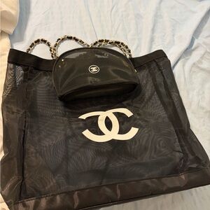 CHANEL Black Mesh Tote with White CC Logo and Chain-Handle Pouch